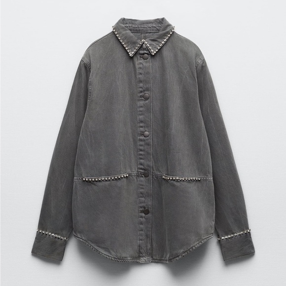 Women Zara Rhinestone Denim Overshirt Size XS - Picture 7 of 11